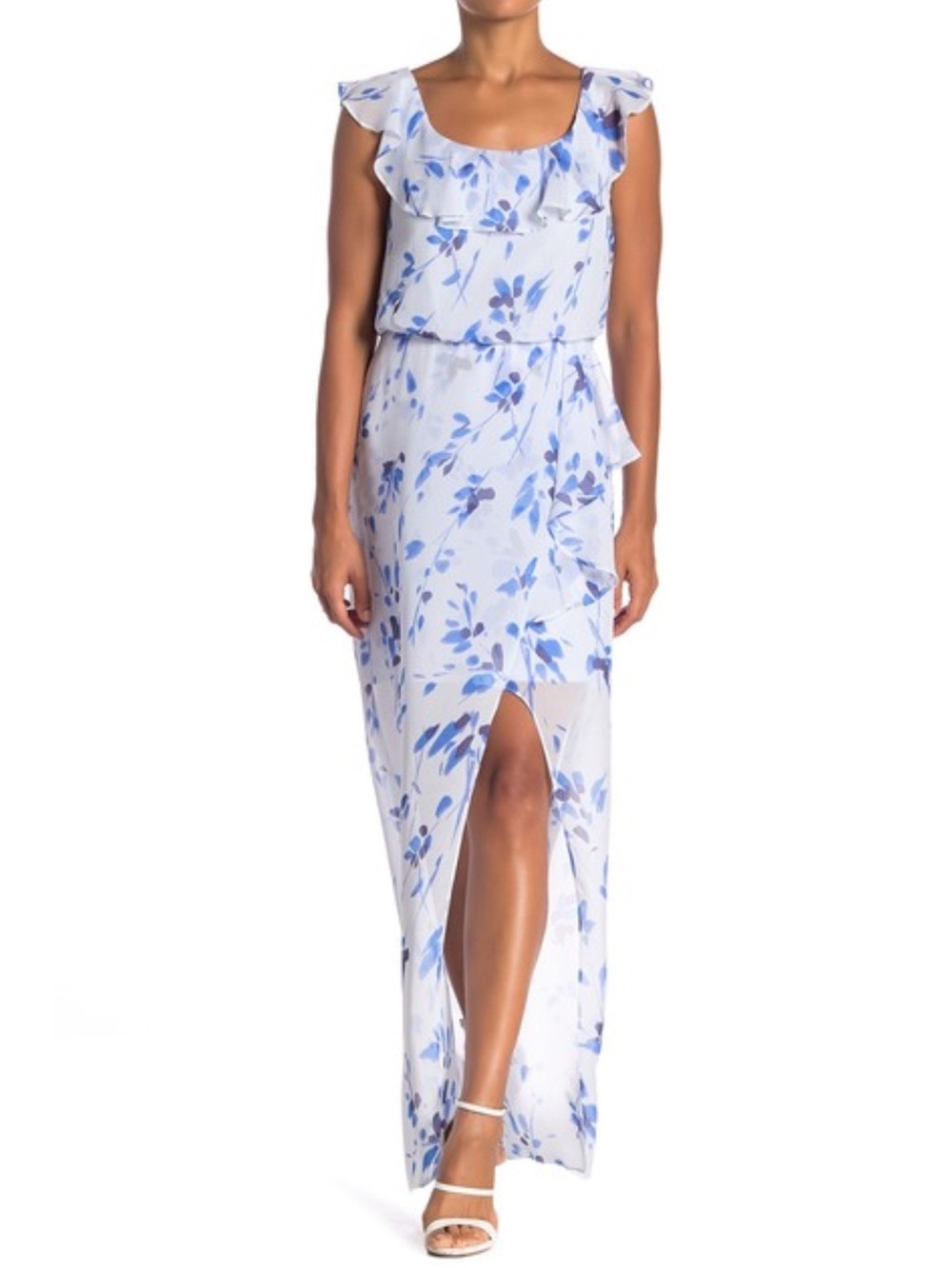 Nine West Sheer Maxi Over Mini Dress Size 12 Blue Floral FauxWrap Sleeveless NWT